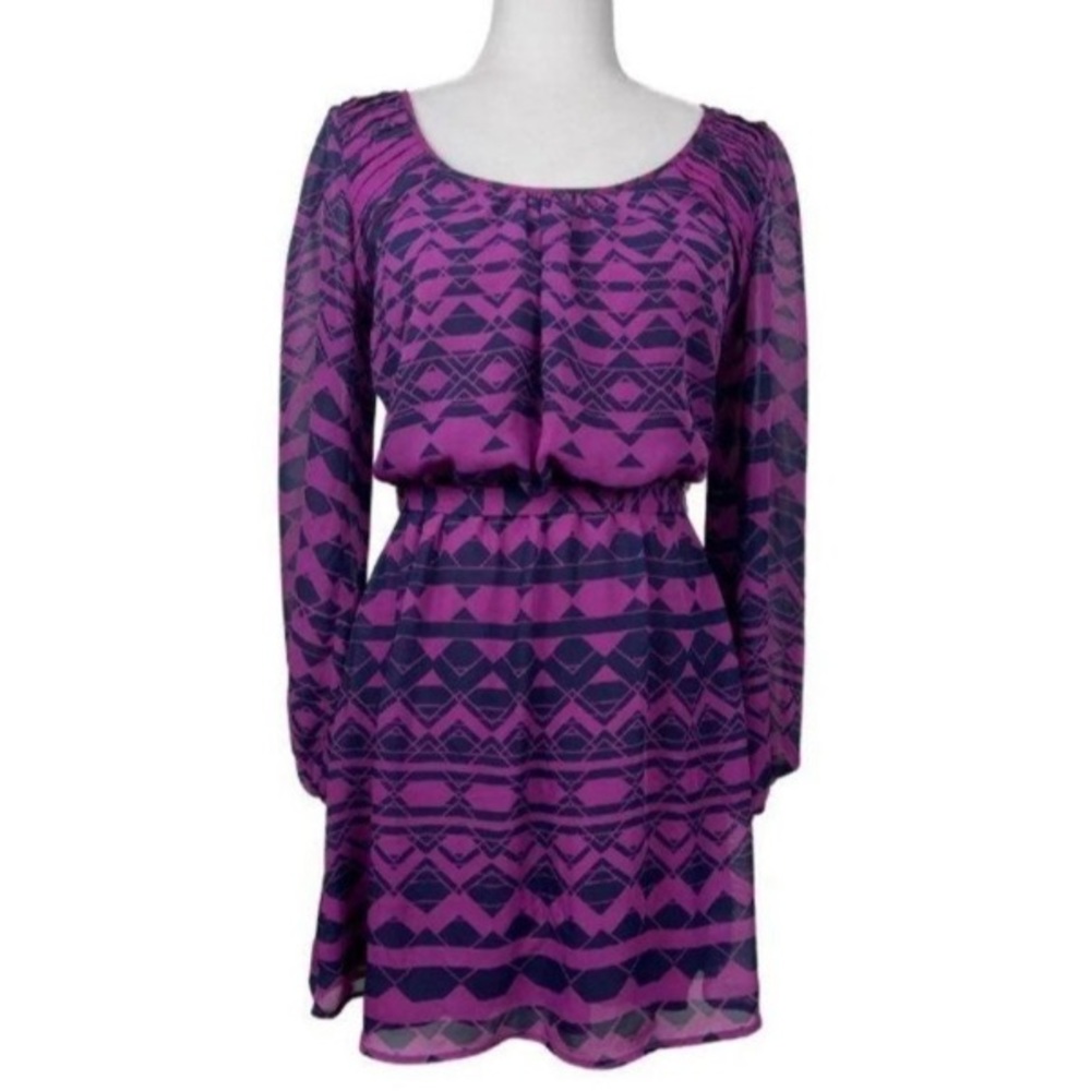 Speechless Juniors Size Medium purple navy geometric dress long sleeve NWT